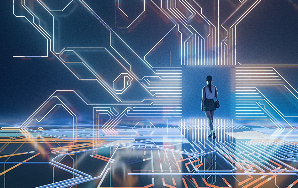 Digital abstract image with woman walking through digital door